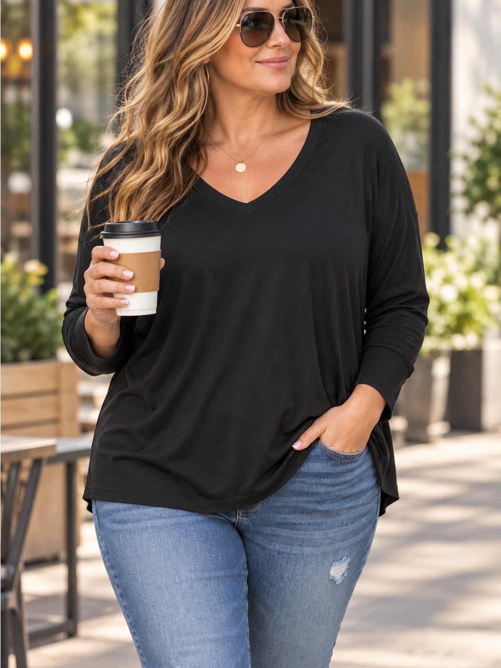 torrid Black V-Neck Long Sleeve Top